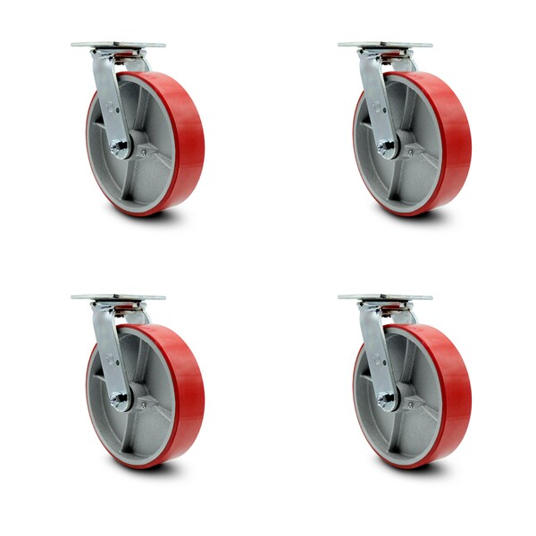 8 Inch Red Poly on Cast Iron Wheel Swivel Caster Set with Ball Bearings SCC